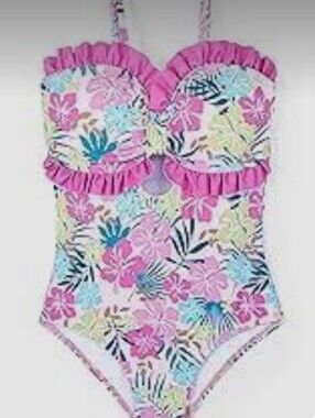 Pat Pat Baby Girls' Floral Pink One-Piece Swimsuit with Ruffle Trim 12M - 18M